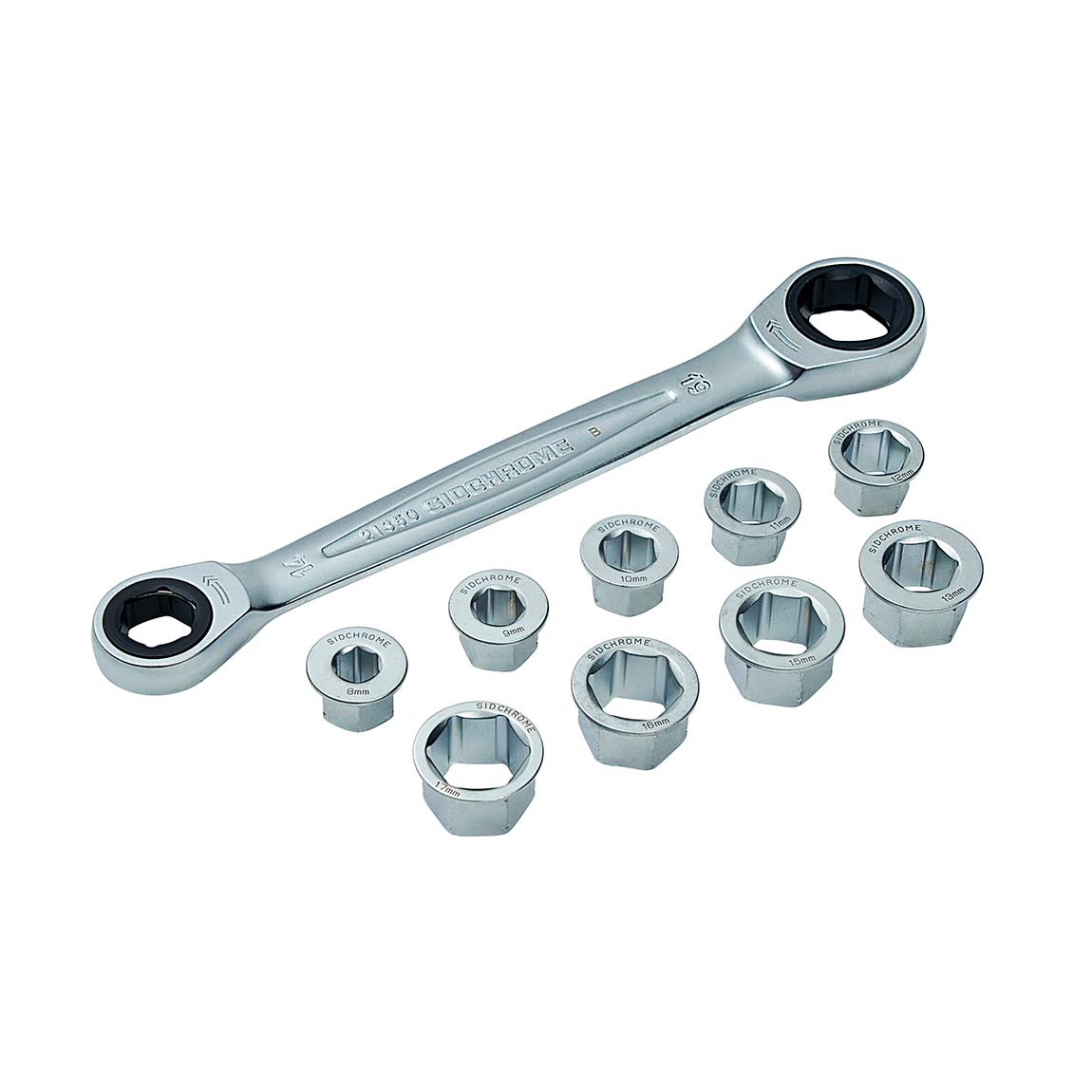 10Pc Metric – 11 in 1 Double End Ratcheting Wrench with Adaptor Set